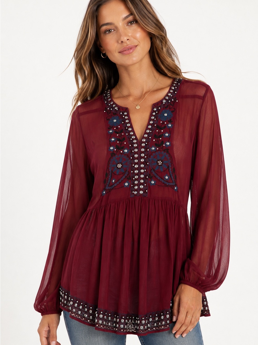 Free People Embellished Sheer Boho Tunic Top NWT Burgundy Beaded Embroidered XS